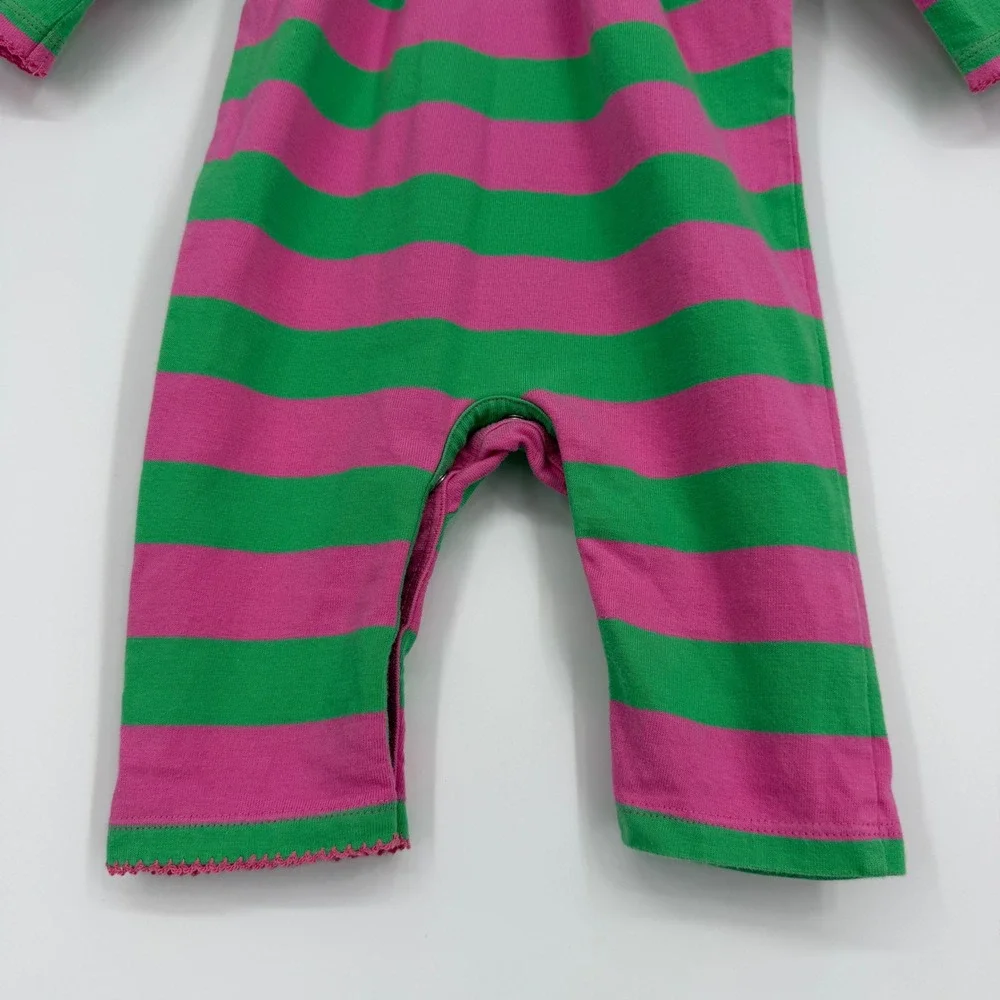 Ralph Lauren‎ Baby Pink Green Striped Romper Ruffle Collar Embroidered Pony 6 M